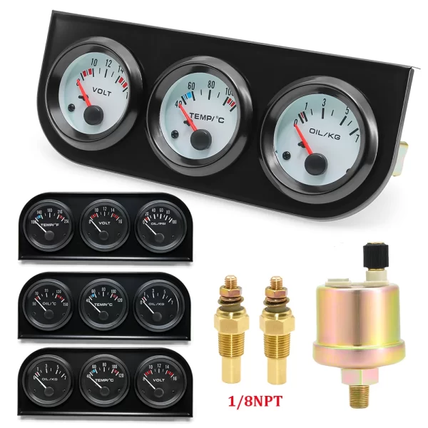 Temperatura do óleo + pressão do óleo + medidor de volt 52mm 3 em 1 medidor de modificação do carro moldura preta/cromada rosto preto/branco com sensor de temperatura e imprensa