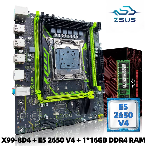 conjunto de placa-mãeZsus X99-8D4 com LGA2011-3 xeon e5 2650 v4 cpu ddr4 16gb (1*16gb) 2133mhz memória ram nvme m.2 sata